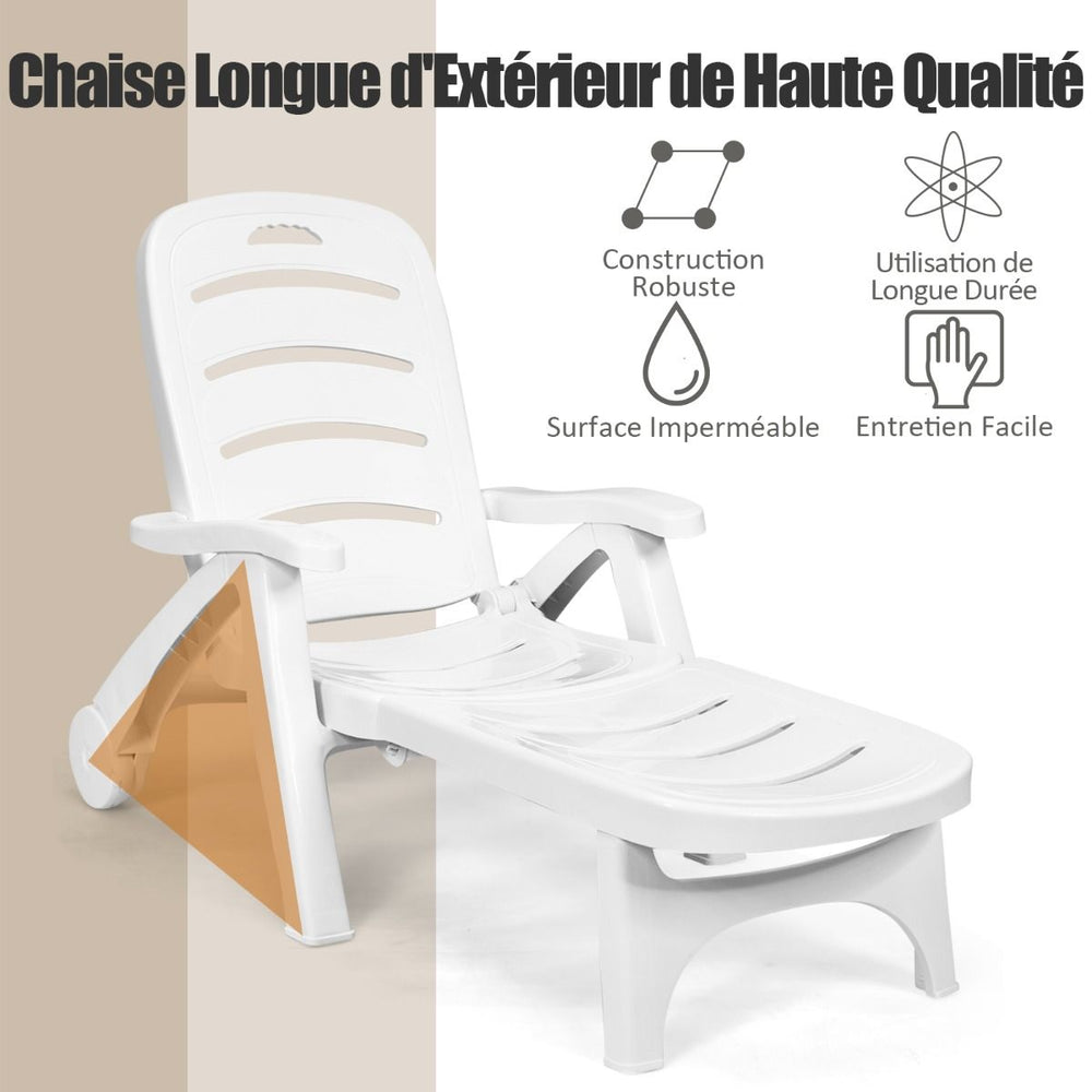 Chaise Longue Pliable Dossier Inclinable  5 Positions avec Roues Intgres pour Terrasse Jardin Piscine 150 kg Gris/Blanc/Bleu -