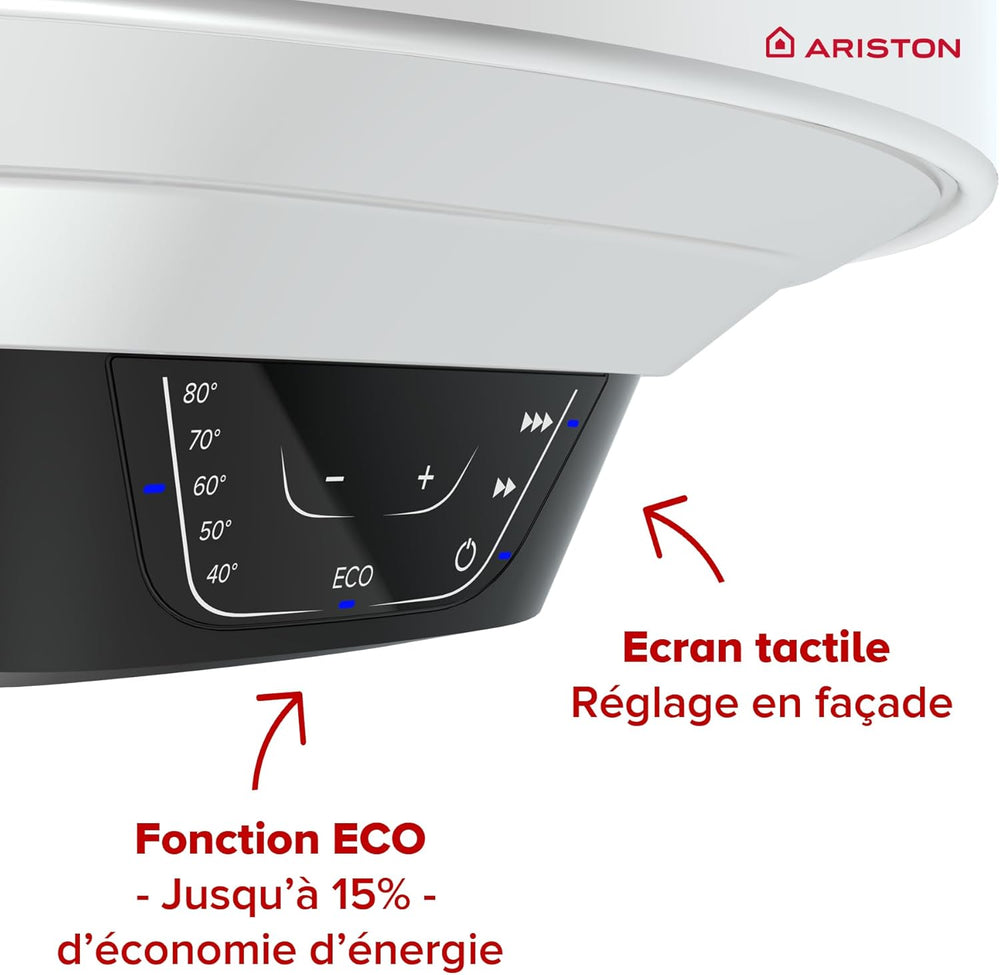 Ariston PRO1 ECO 80L - Chauffe-eau Electrique Vertical Mural Ø450 mm - Intelligent Fonction ECO - Classe B - Conçu et fabriqué pour être installé en France