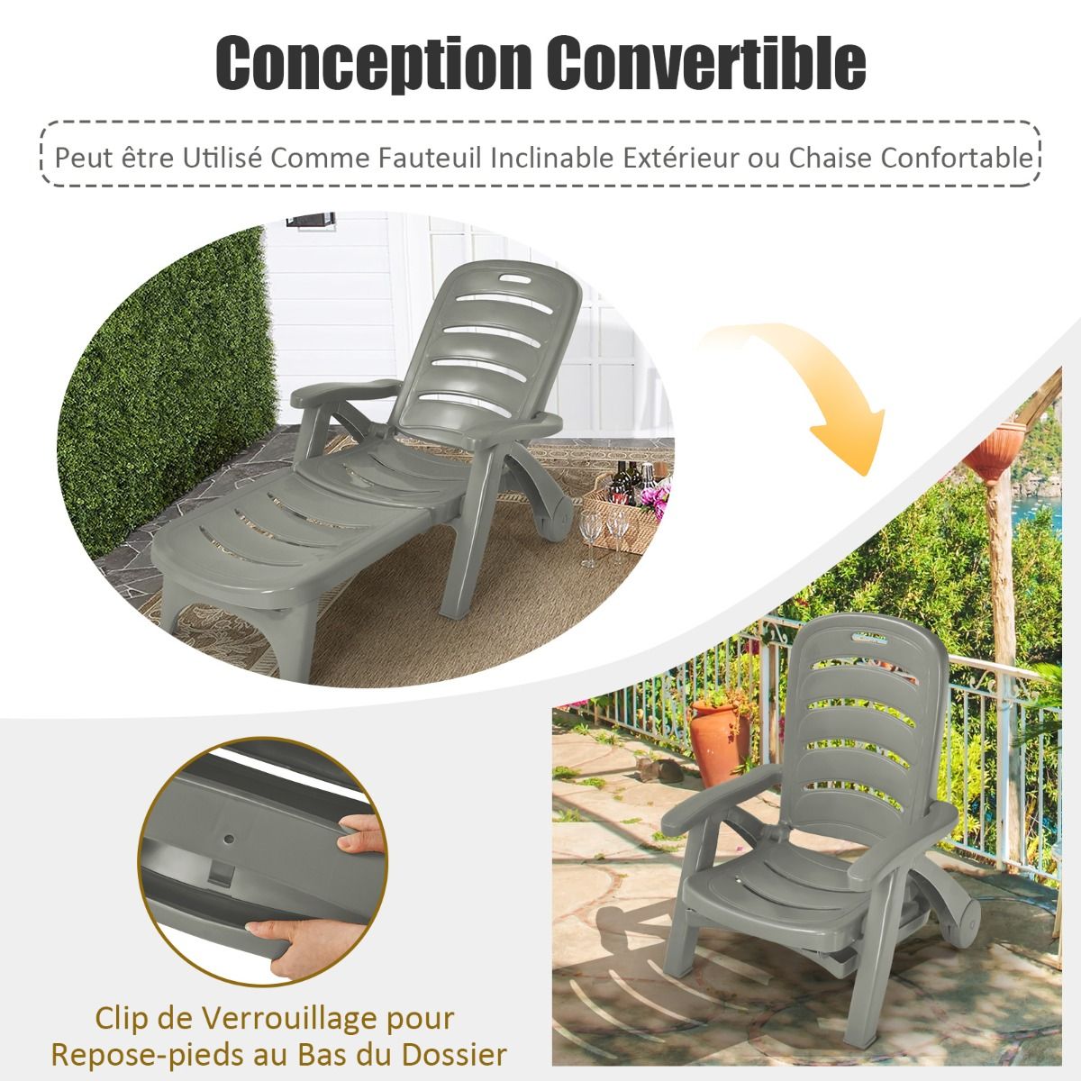 Chaise Longue Pliable Dossier Inclinable  5 Positions avec Roues Intgres pour Terrasse Jardin Piscine 150 kg Gris/Blanc/Bleu -