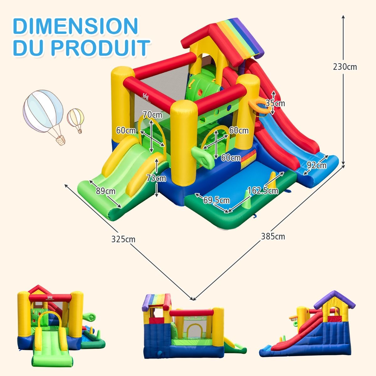 Ch芒teau Gonflable  Thme Arc-en-ciel 7 en 1 avec Ventilateur Double Toboggans Piscine  Balles Panier de Basket Charge 90kg -