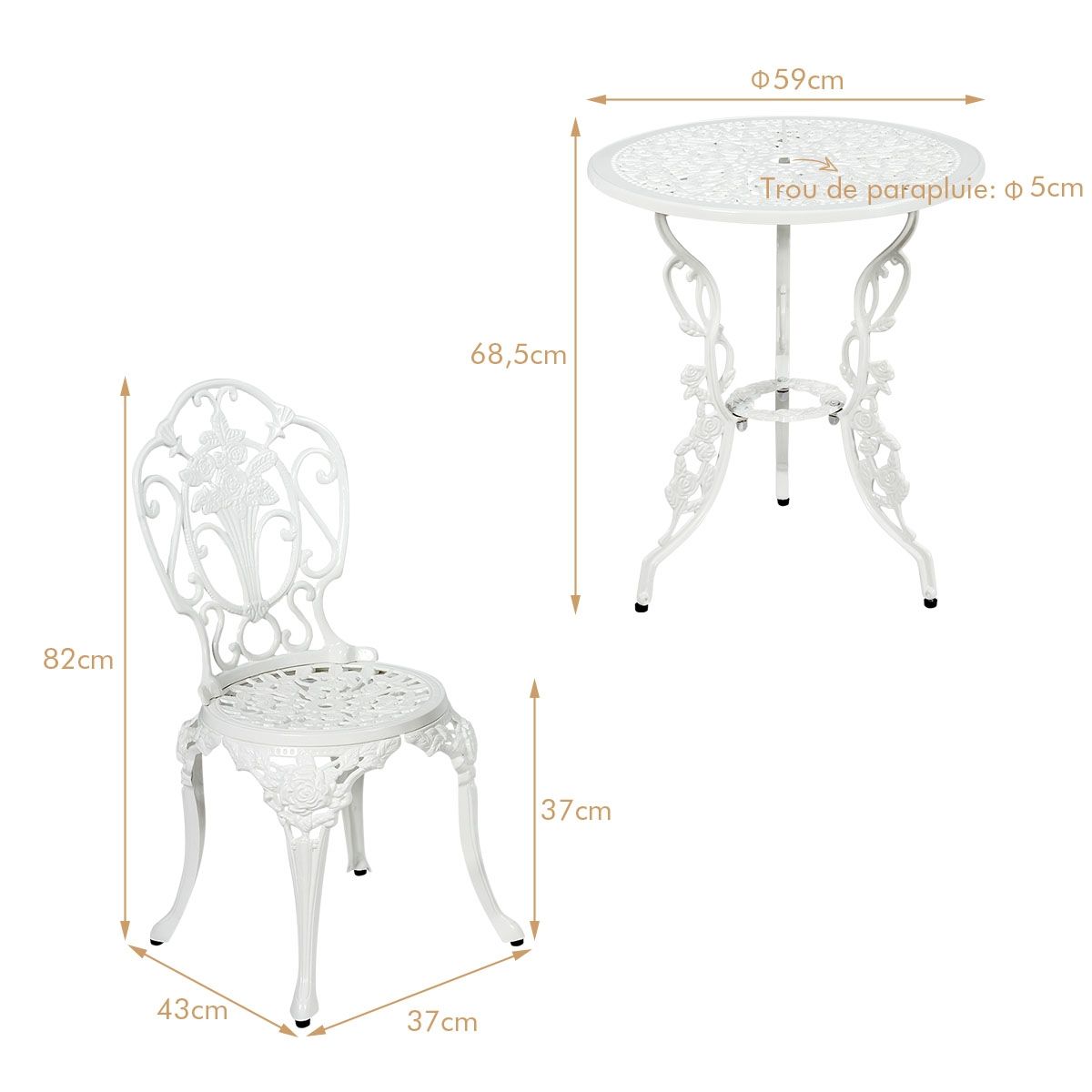 Ensemble Table et 2 Chaises pour Jardin en Aluminium en Forme de Rose Blanc Résistant aux Intempéries -