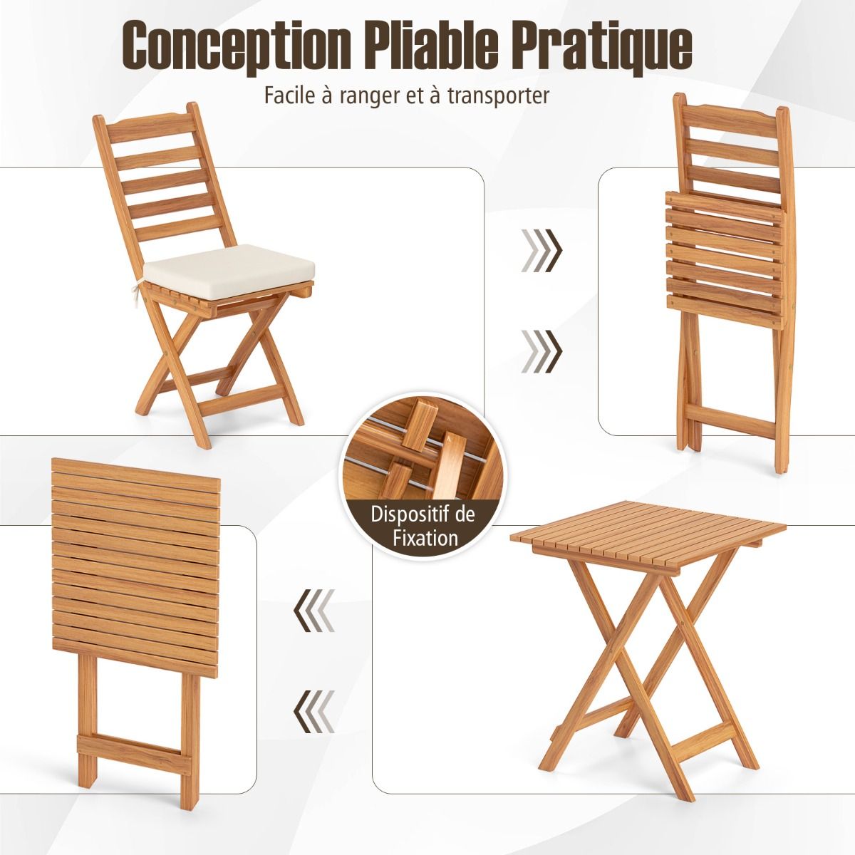 Ensemble Bistrot d'Extrieur en Bois d'Acacia Ensemble de Chaises Pliantes et Table Coussins de Sige Sans Accoudoirs  Dossier Haut Blanc -