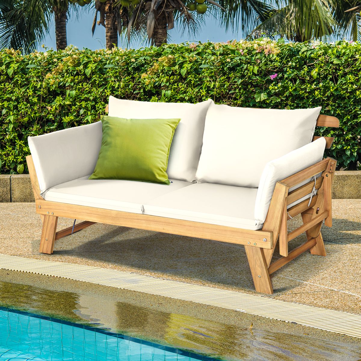 Chaise Longue Convertible avec Coussin Canapé de Jardin 2 en 1 en Bois d’Acacia avec Accoudoir Réglable pour Patio Piscine Jardin Blanc/Gris/Bleu/Rouge -