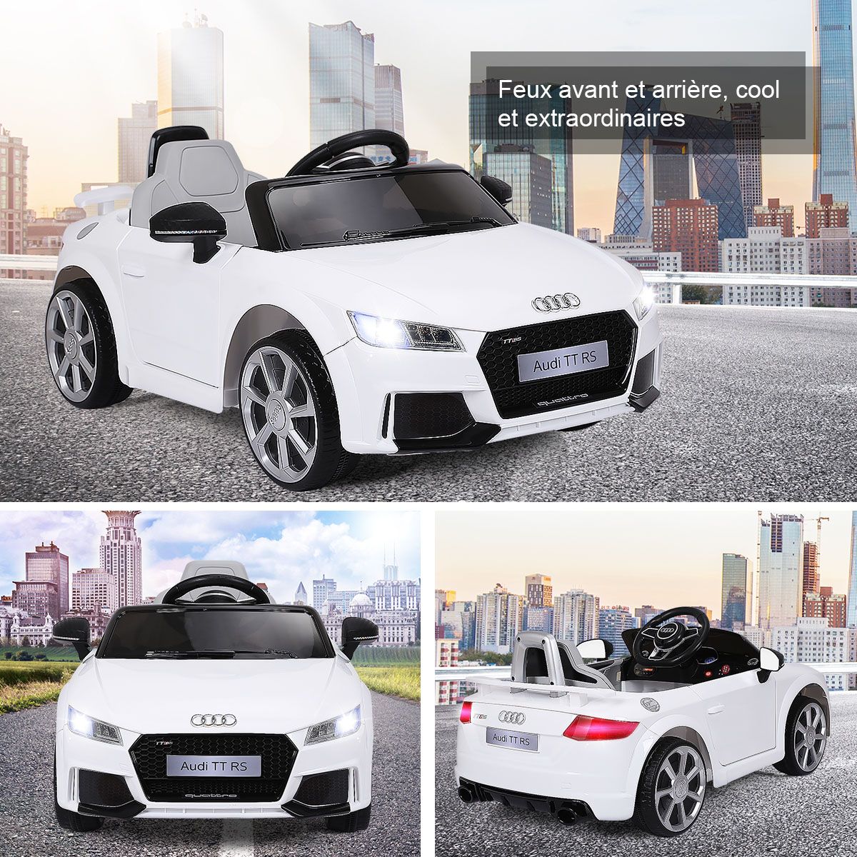 Voiture TTRS Electrique pour Enfants 12V Max. 5 Km/h Double Porte avec Tlcommande 2.4G Blanc/Rouge -