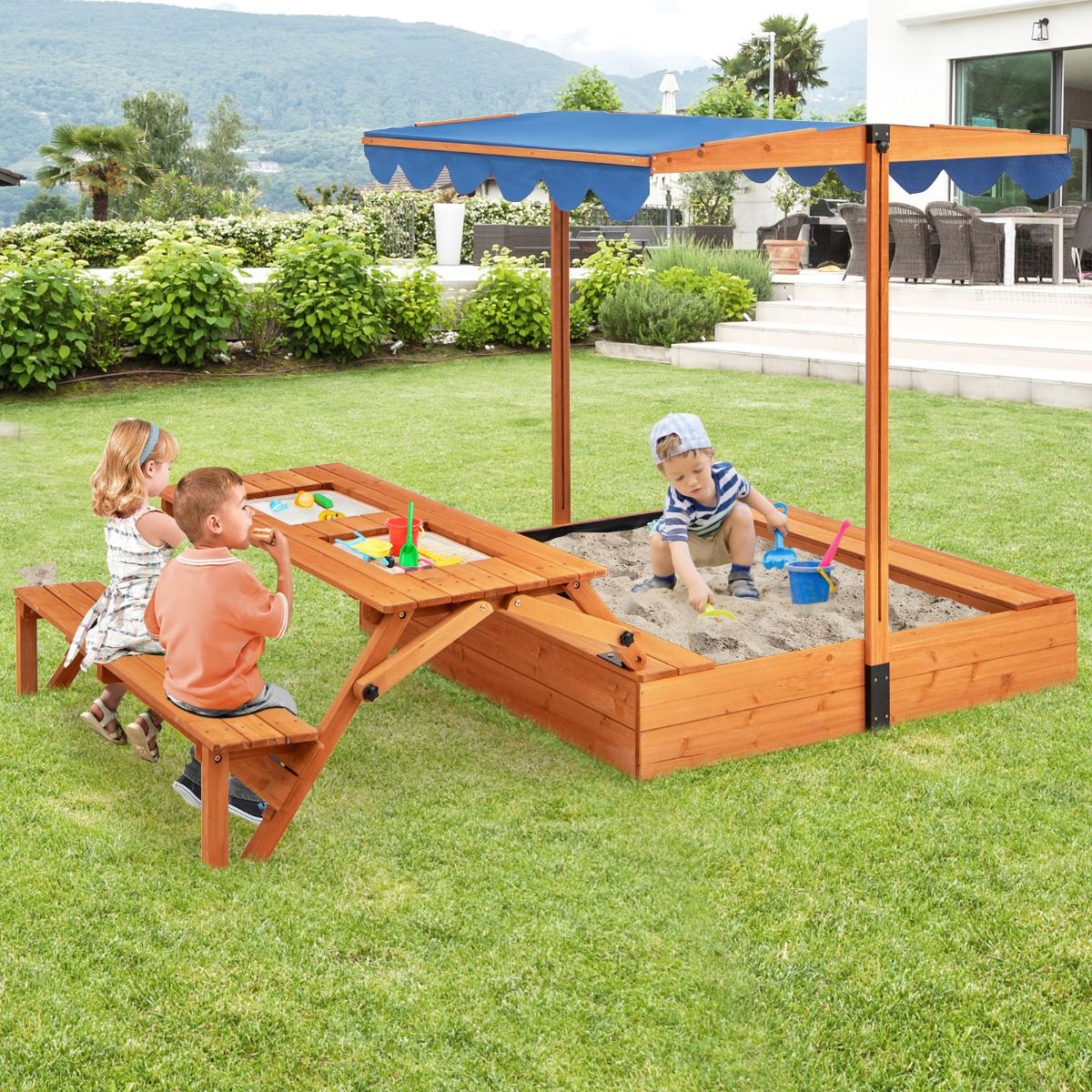Bac à Sable en Bois pour Enfants avec Couvercle Aire de Jeux avec Table Sensorielle Pliable & Banc Parasol Ajustable pour 3+ Ans Naturel -
