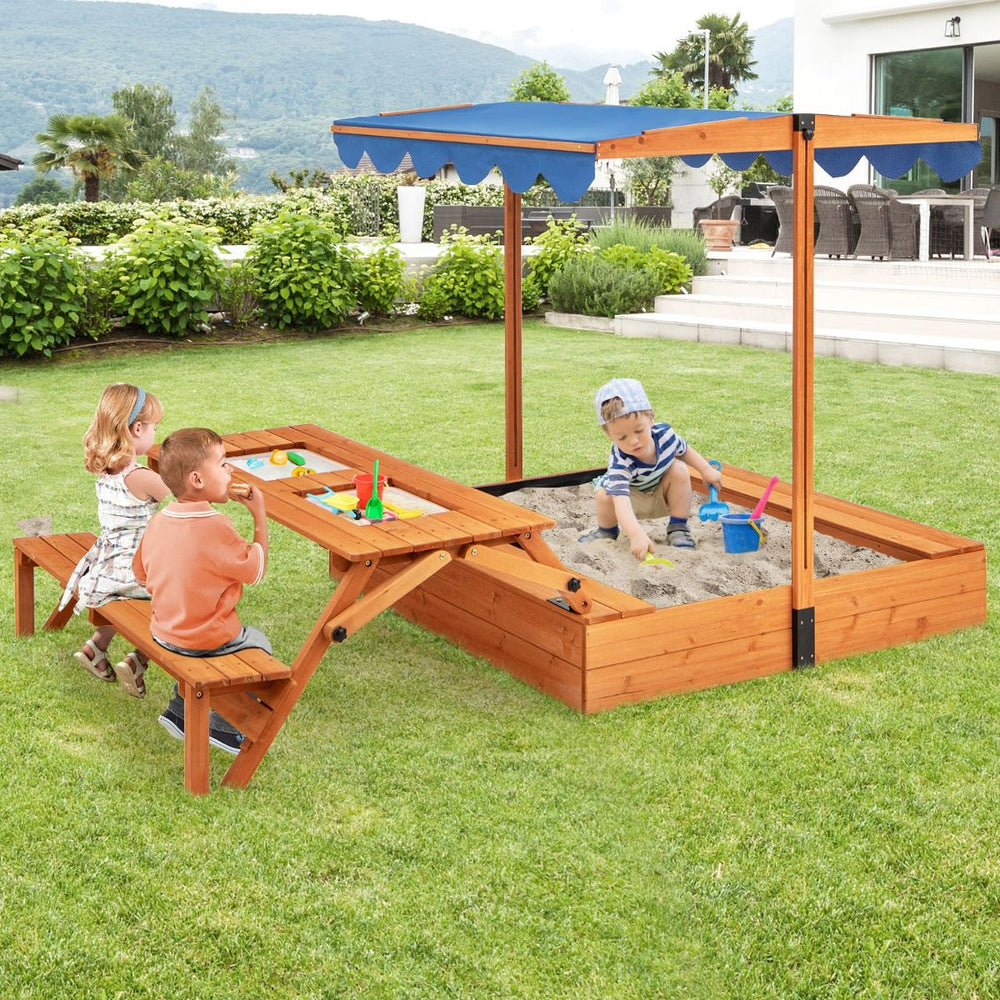Bac à Sable en Bois pour Enfants avec Couvercle Aire de Jeux avec Table Sensorielle Pliable & Banc Parasol Ajustable pour 3+ Ans Naturel -