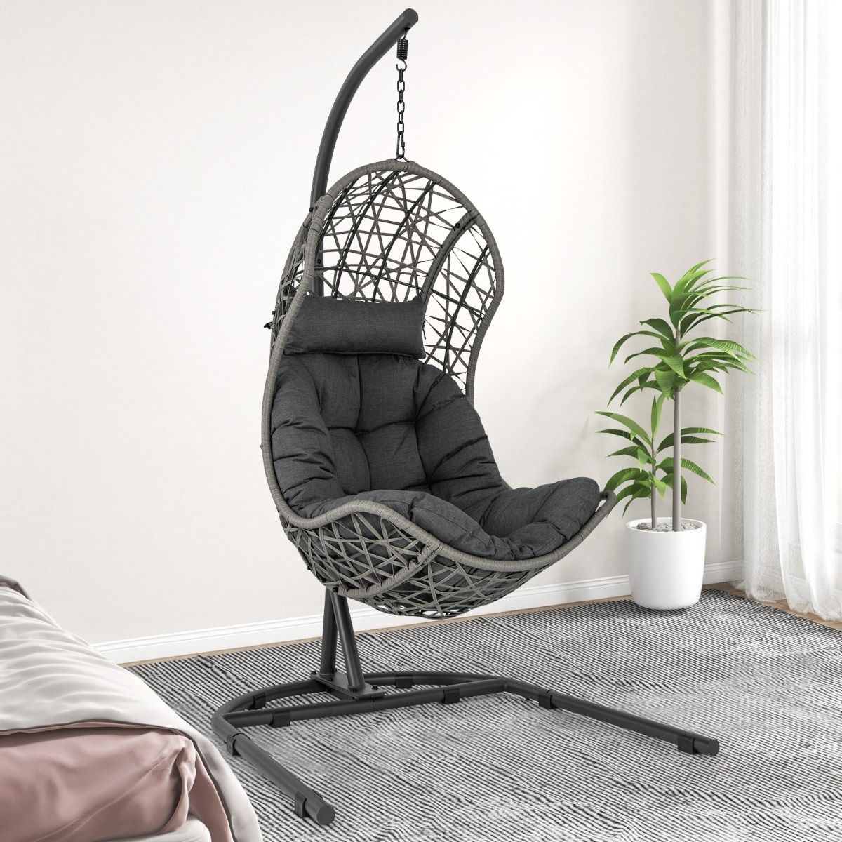 Chaise Oeuf en Rotin PE avec Support avec Oreiller et Coussin Chaise Suspendue avec Accessoires de Suspension Capacité 160 Kg Gris -