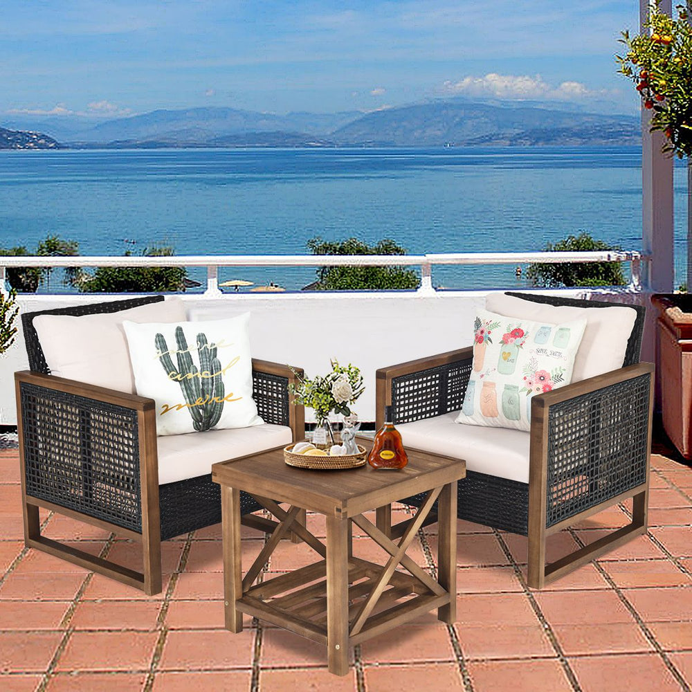 Ensemble Salon de Jardin en Bois d'Acacia Rotin Artisanal Anti-soleil Résistant aux Intempéries pour Porche Balcon Terrasse -