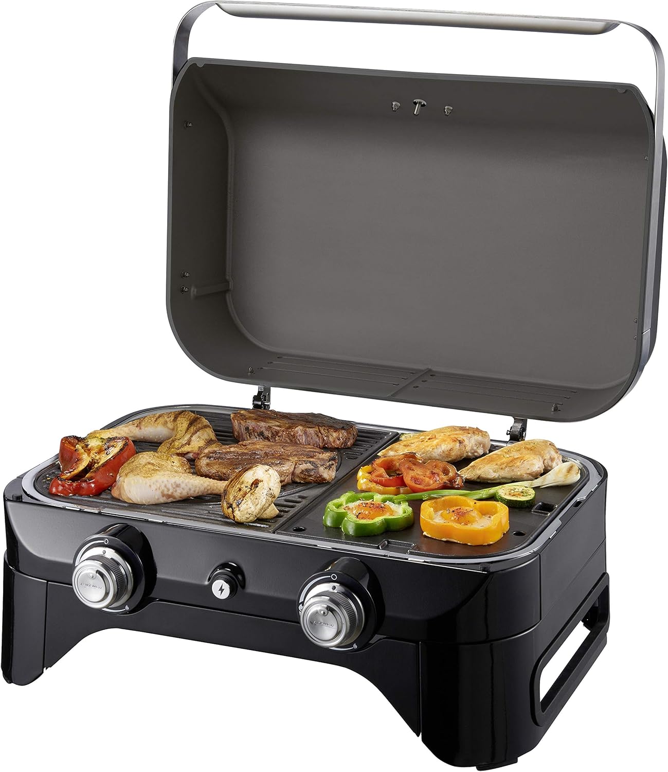 Attitude2go,Barbecue de Table à Faible fumée,BBQ Portable,à Couvercle,thermomètre,et Grille en Fonte,Alimentation : Cartouche de gaz CV 470 Plus,Gris