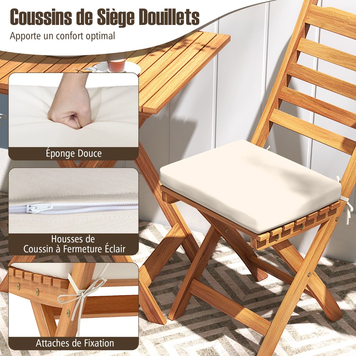 Ensemble Bistrot d'Extérieur en Bois d'Acacia Ensemble de Chaises Pliantes et Table Coussins de Siège Sans Accoudoirs à Dossier Haut Blanc -