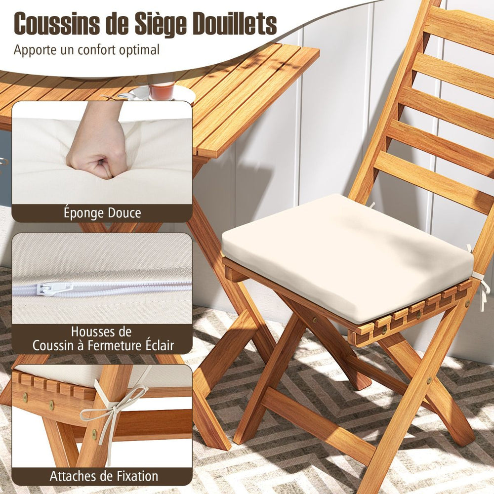 Ensemble Bistrot d'Extérieur en Bois d'Acacia Ensemble de Chaises Pliantes et Table Coussins de Siège Sans Accoudoirs à Dossier Haut Blanc -