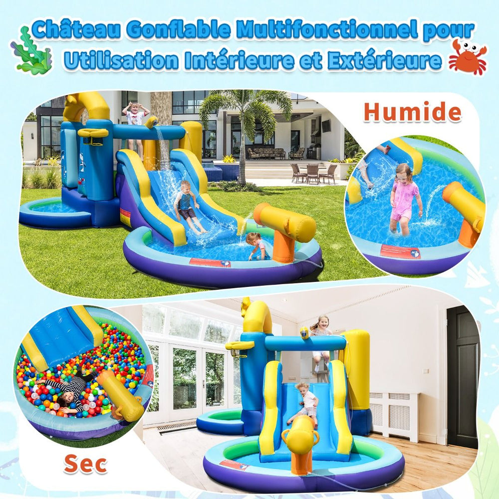 Château Gonflable Océan 6 en 1 avec Souffleur 680W Toboggan Aquatique & 2 Piscines Maison de Rebond Gonflable Charge 90kg -