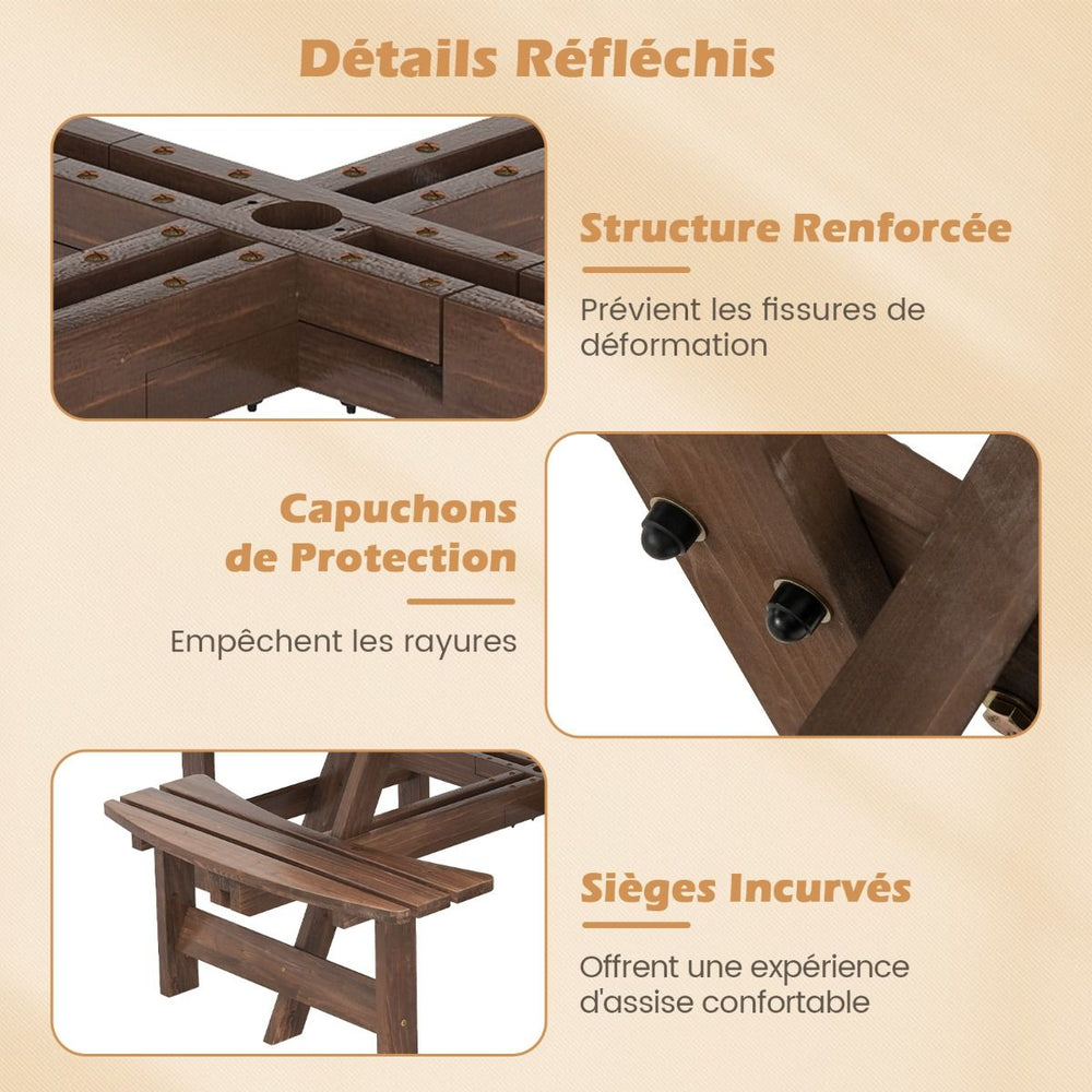 Ensemble Table de Pique-Nique en Bois pour 2 à 8 Personnes Set Table et Banc Circulaire avec 4 Bancs Intégrés Trou de Parasol de 5cm Marron/Jaune -