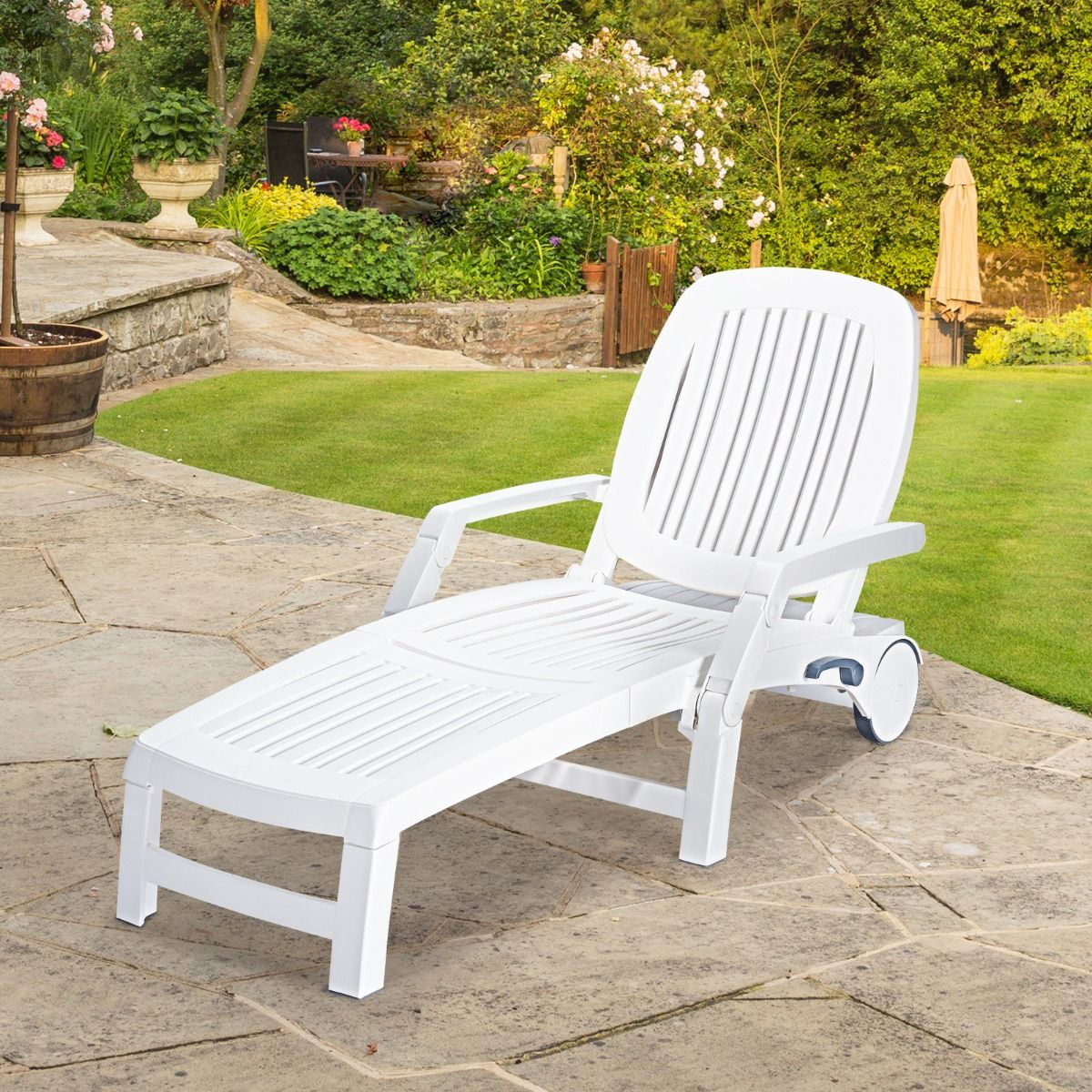 Chaise Longue Inclinable Rglable  5 Positions avec Roues Flexibles Fauteuil Relax de Camping avec Bo卯te de Rangement Charge 150KG Blanc -