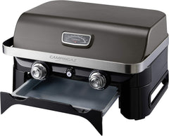Attitude2go,Barbecue de Table  Faible fume,BBQ Portable, Couvercle,thermomtre,et Grille en Fonte,Alimentation : Cartouche de gaz CV 470 Plus,Gris