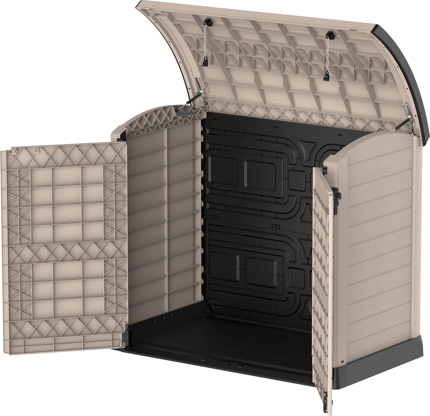 Duramax StoreAway 1200L Plastic Garden Shed/ Flat Lid,Outdoor Storage Shed,Wheelie Bin Hideaways,Wheelie bin box,Durable Construction,Ideal for Bikes,BBQs & 2x 240L Bins,145x85x125 cm,Brown