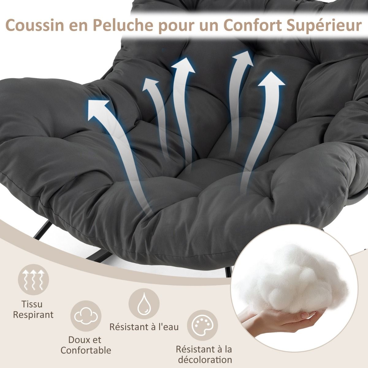 Chaise à Bascule d'Intérieur et d'Extérieur Chaise Papasan Surdimensionnée avec Coussin Rembourré & Cadre en Métal Capacité 205 Kg Gris -