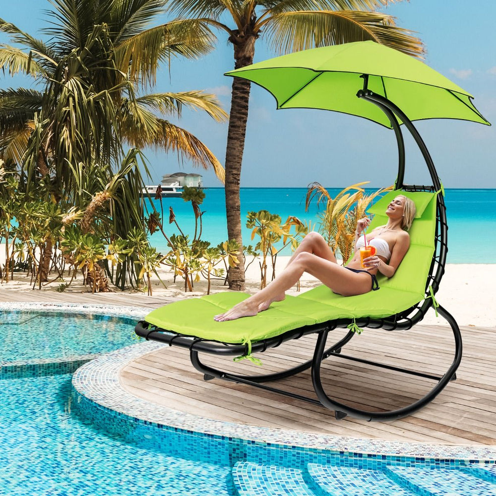 Bain de Soleil à Bascule Transat Suspendu avec Pare-Soleil & Coussin Hamac Charge 150KG 184 cm x 147 cm x 187 cm Vert -