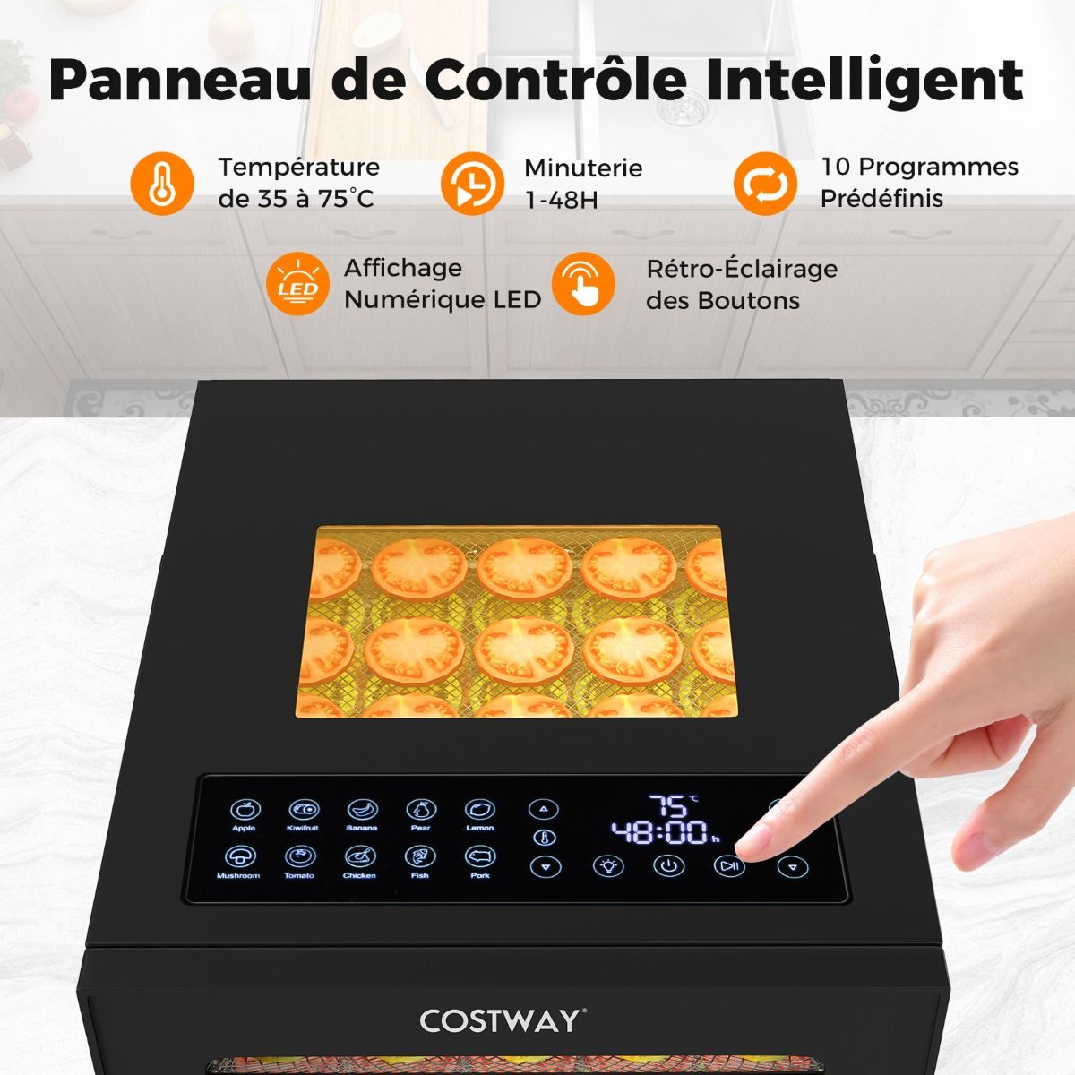 Déshydrateur Alimentaire Séchoir à 10 Plateaux en Acier Inoxydable avec 10 Programmes Préréglés Minuterie de 48H&Température de 30-75Noir -