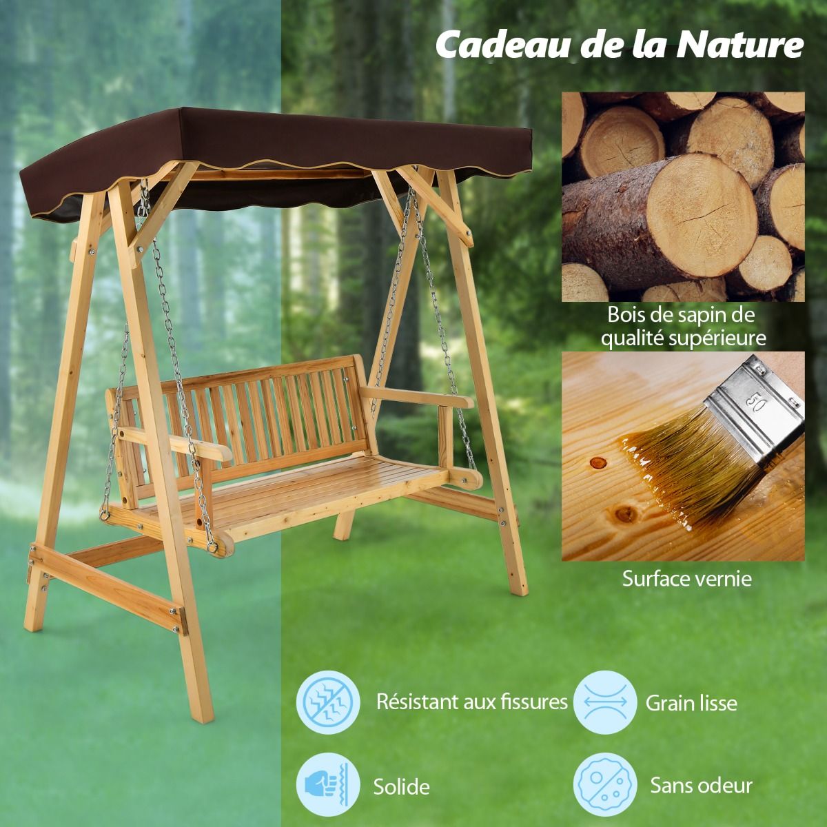 Balancelle de Jardin 2 Places en Bois avec Toit Inclinable Imperméable Chaîne Métallique Réglable Charge 240KG Cadre en A pour Jardin Véranda Cour -
