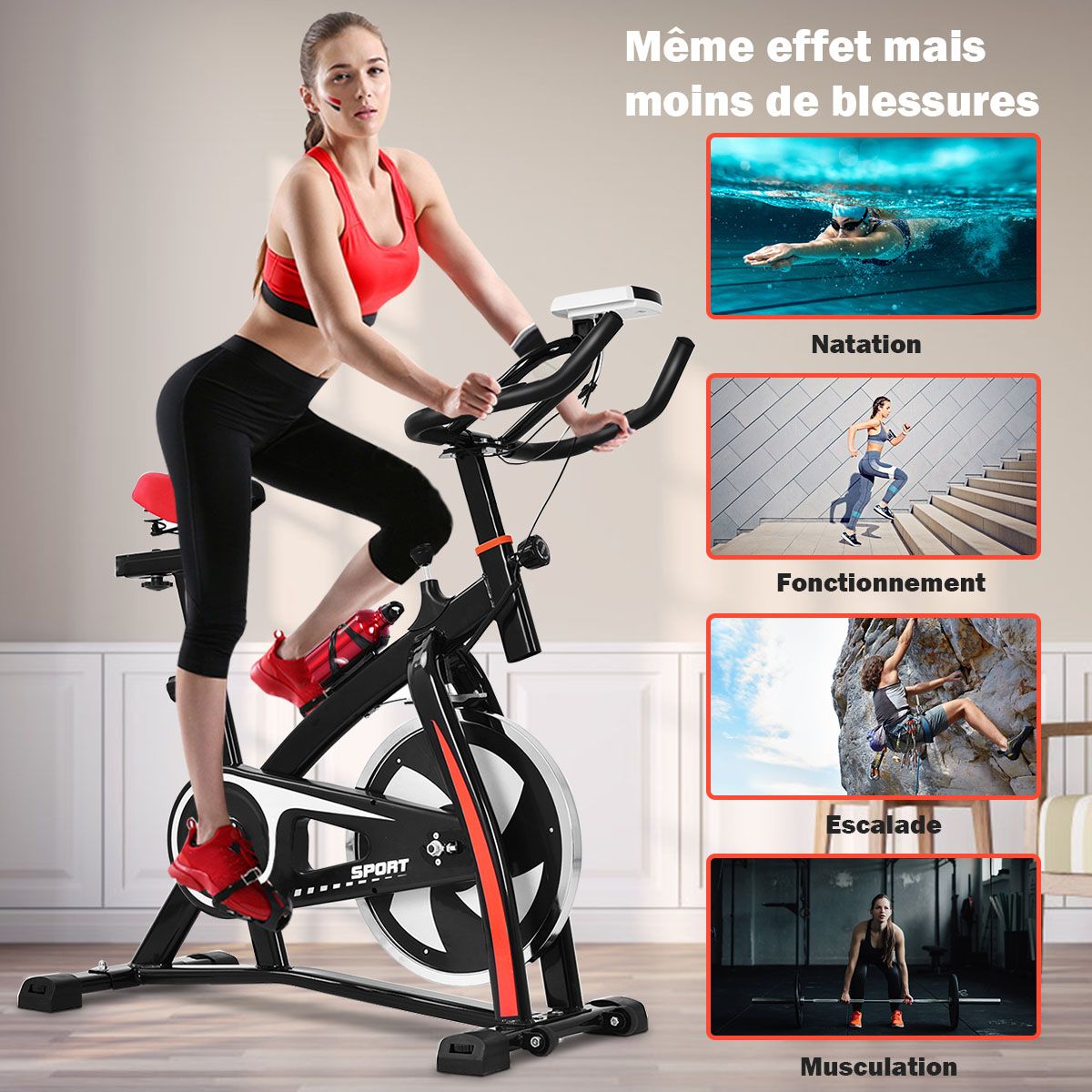 Vlo D檃ppartement Vlo Silencieux avec Courroie et Roue D檌nertie en Fer de 10kg Guidon et Selle Ajustable Noir + Rouge -