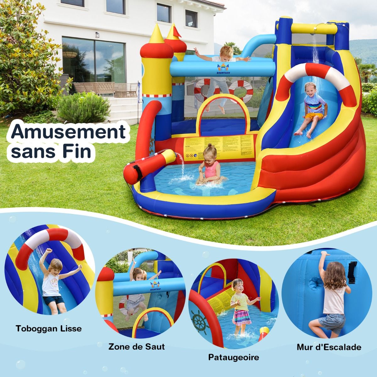 Ch芒teau Gonflable Style Bateau avec Toboggan Incurv Zone de Saut Mur d'Escalade avec Gonfleur 450 W -