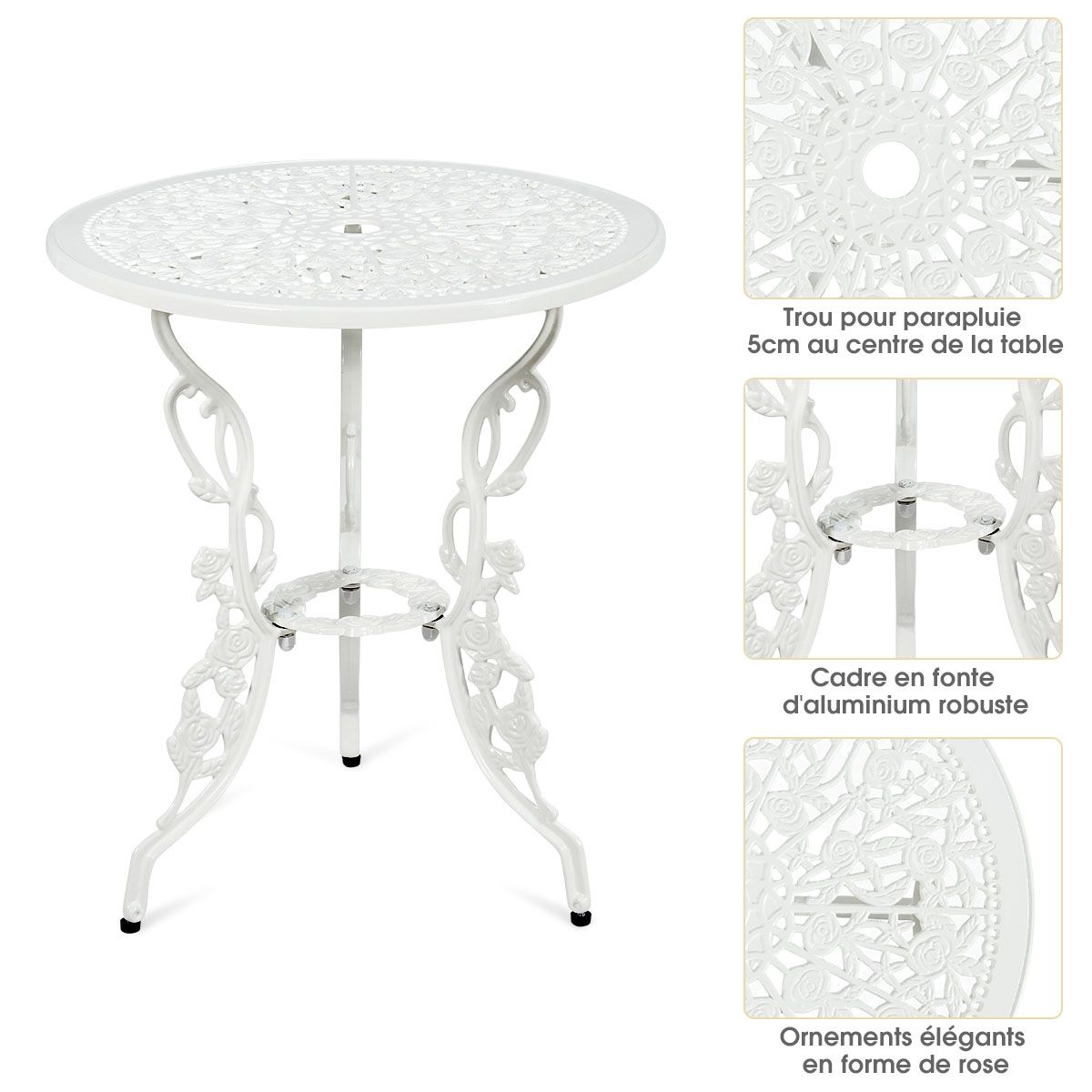 Ensemble Table et 2 Chaises pour Jardin en Aluminium en Forme de Rose Blanc Résistant aux Intempéries -