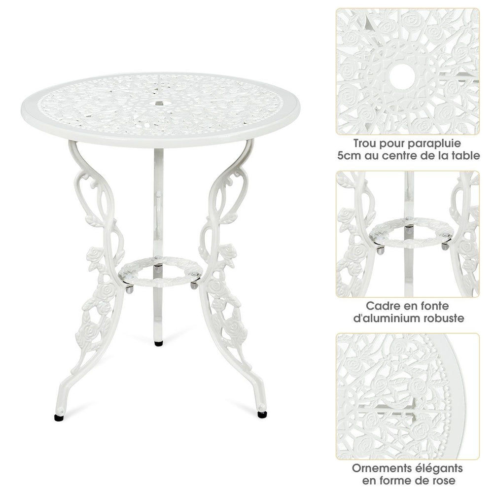Ensemble Table et 2 Chaises pour Jardin en Aluminium en Forme de Rose Blanc Résistant aux Intempéries -