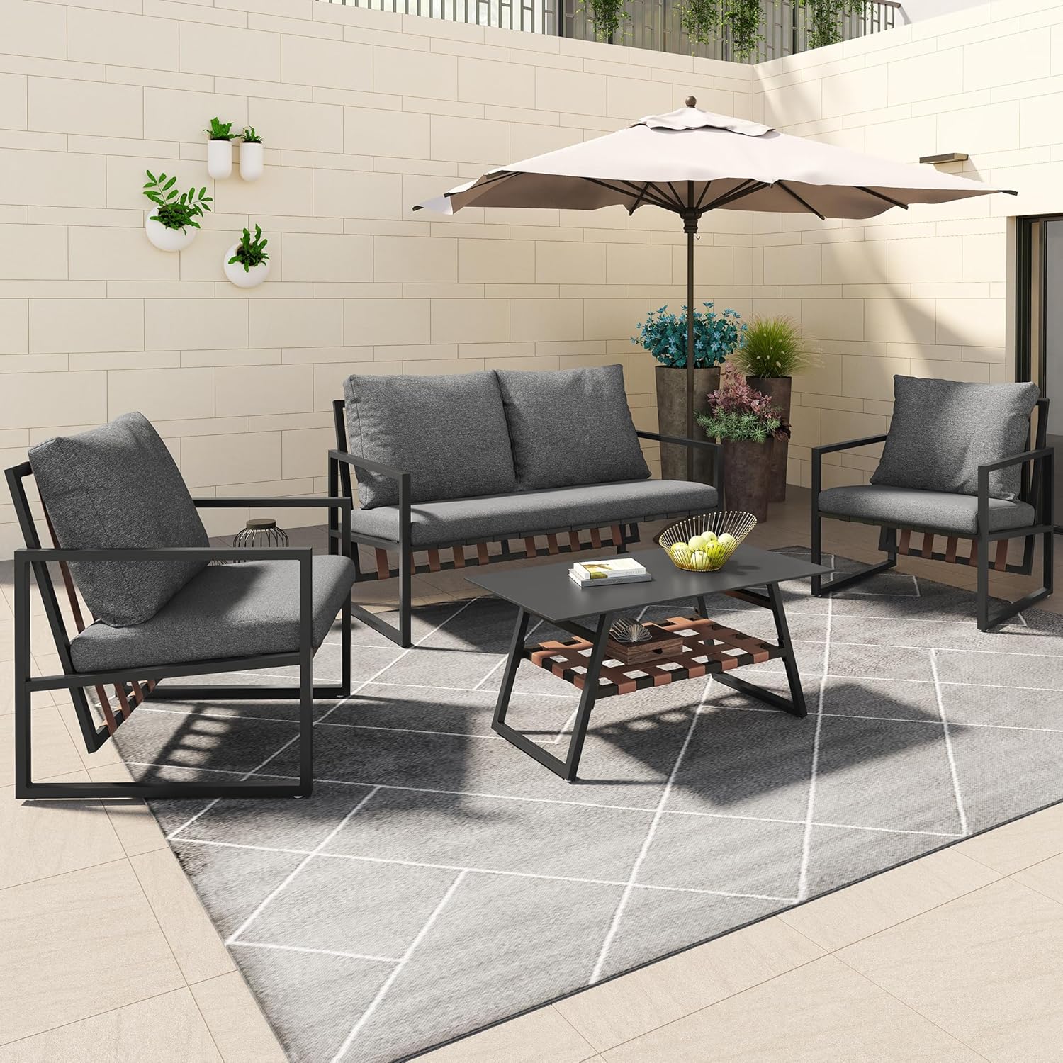 Salon de Jardin,Salon de Jardin 4 Personnes,avec canapé,Table Basse et Coussins,Housse en Tissu déhoussable et Lavable,Noir (Coussins d'assise Inclus)