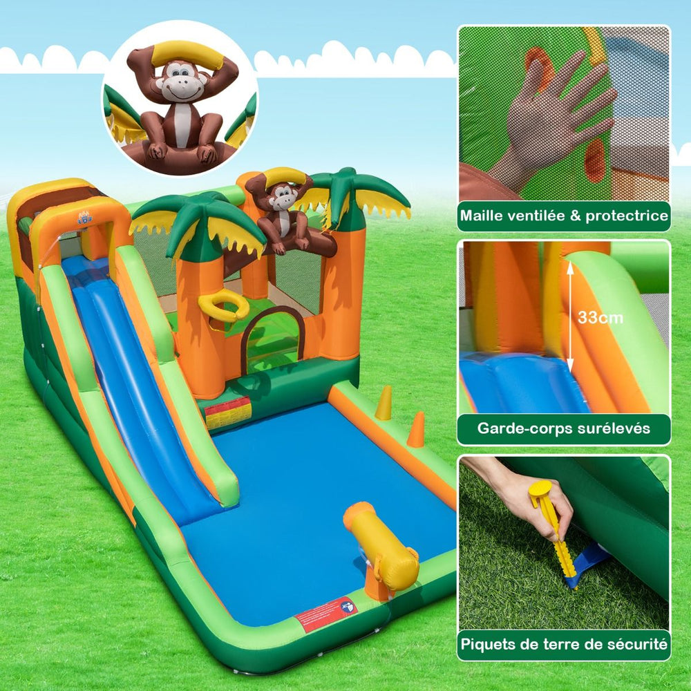 7 en 1 Château Gonflable Tropical à Thème Singe & Palmier avec Toboggan Aquatique avec Piscine & 50 Boules Charge 90kg pour 2 Enfants de 3-10 Ans -