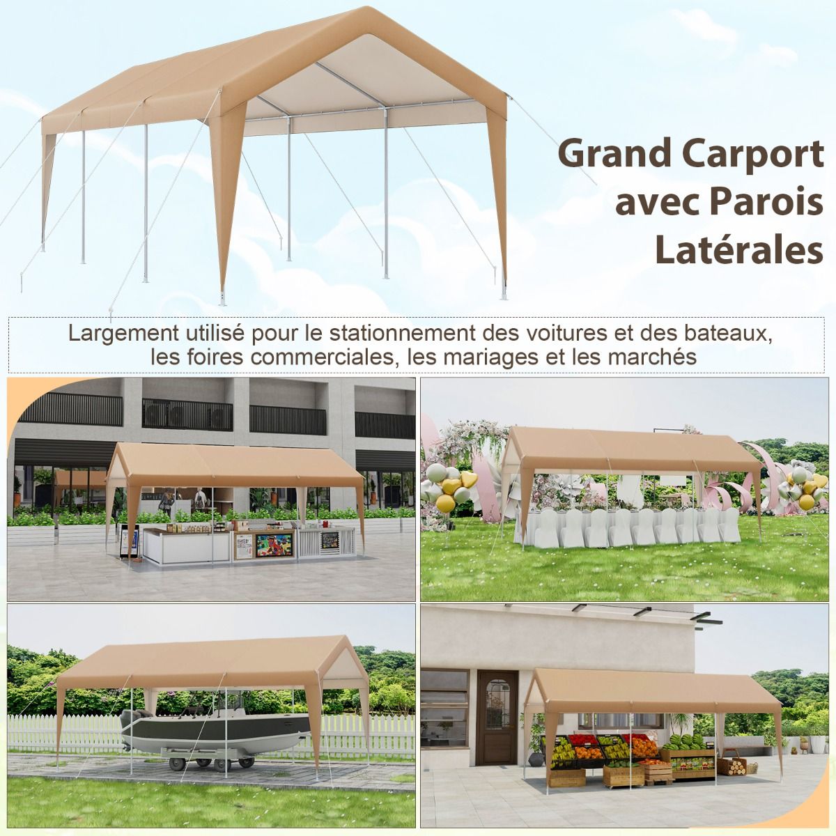 Abri de Voiture 301 x 600 cm Cadre en Métal Galvanisé Tente de Garage Portable avec Bâche Toutes Saisons Tente de Voiture pour Camions Bateaux -