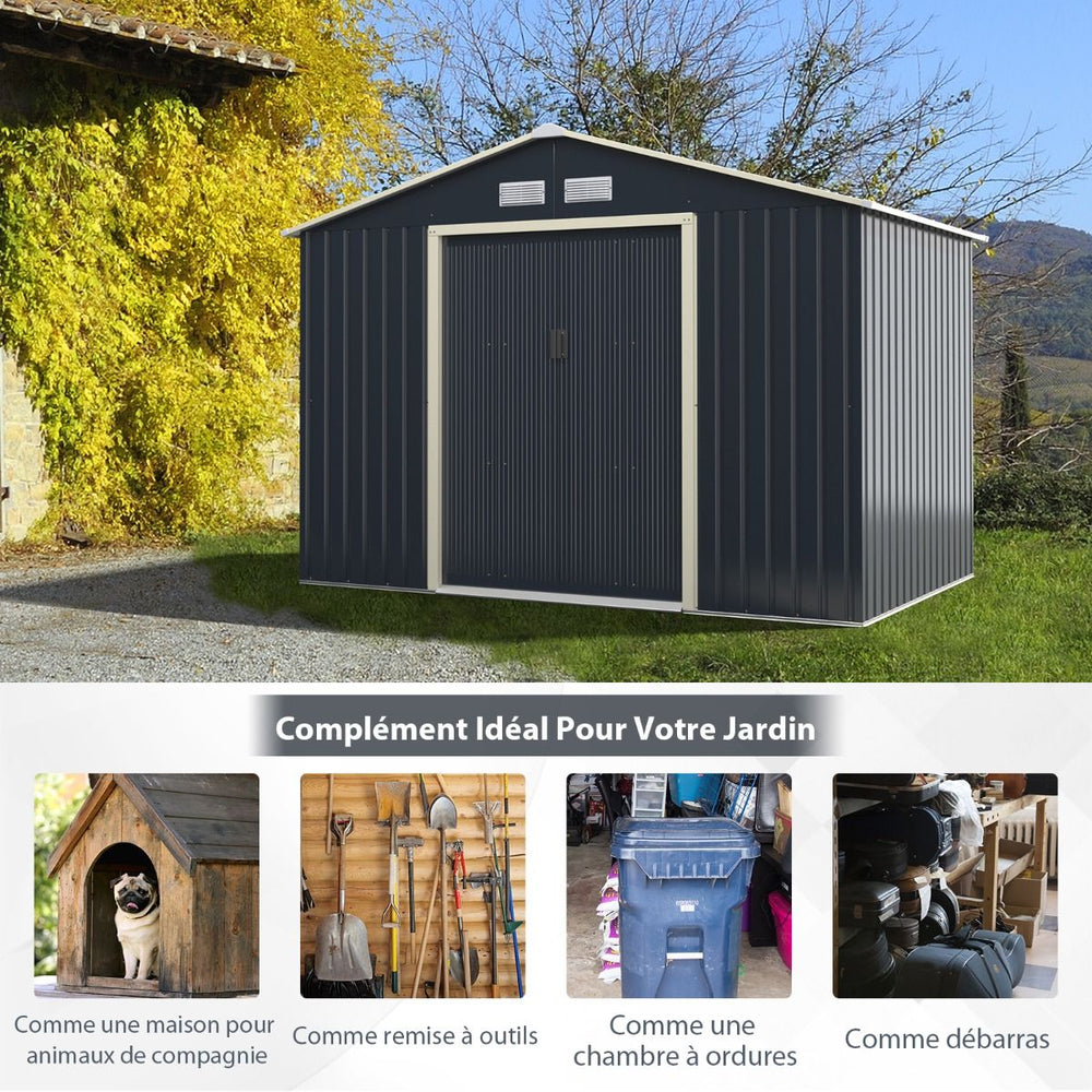 Abri de Jardin en Métal 5,29 77 x 191 x 202 cm avec 2 Portes Coulissantes Verrouillables 4 Trous d’Aération Gris pour Vélo -