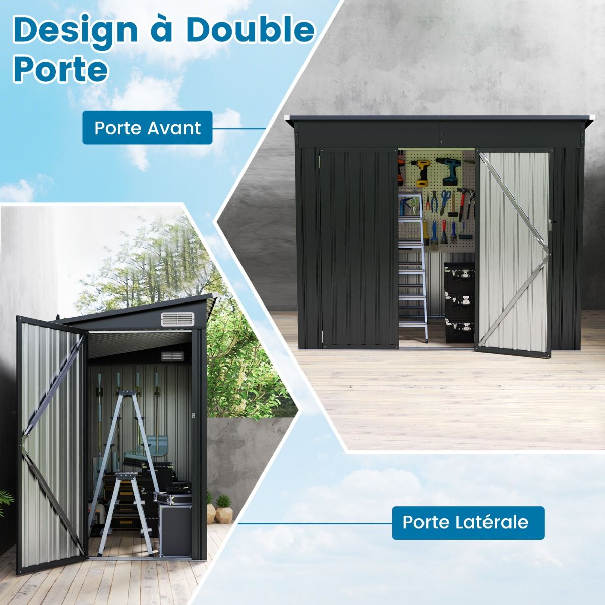Abri de Jardin Extérieur Abri à Outils de Jardin avec 2 Portes Design Incliné Aérations Cadre en Métal Galvanisé 235x117x185cm Gris Foncé -