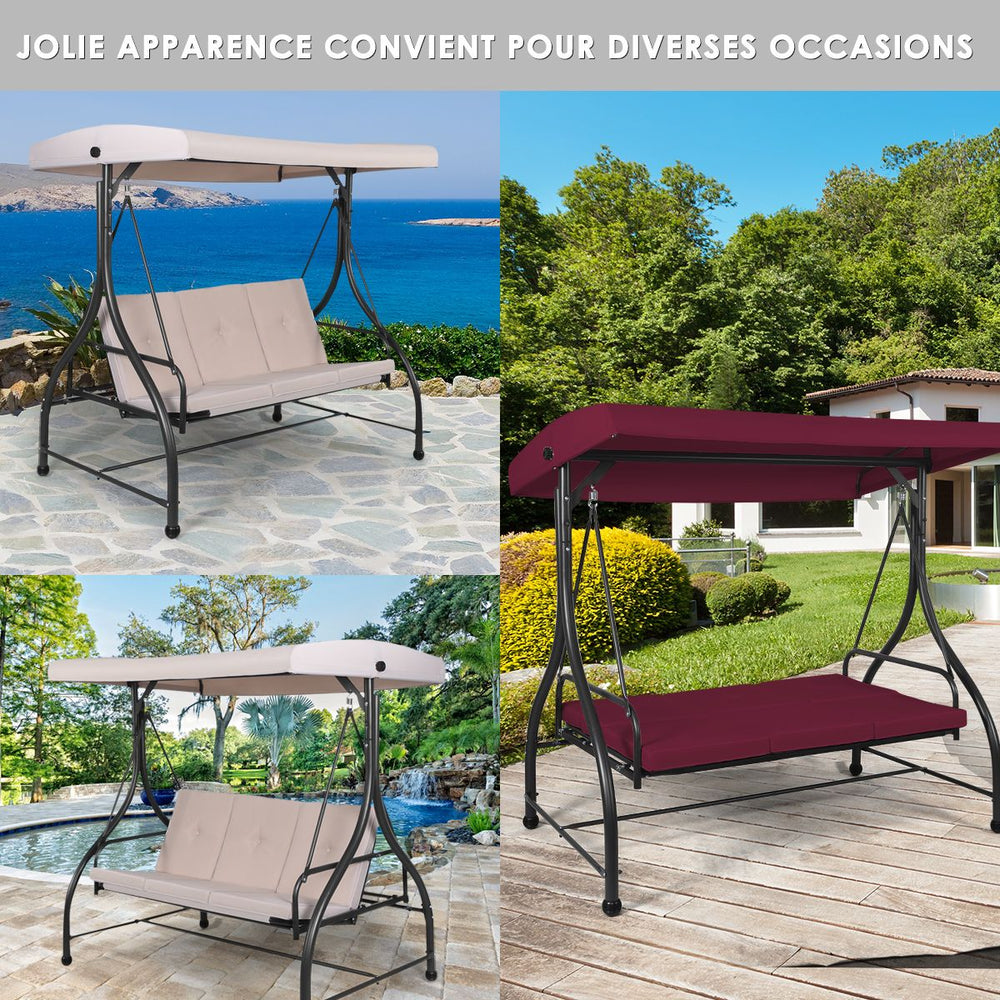 Balancelle d'Extérieur Convertible Jardin Porche Avec Sièges à Coussins Auvent Réglable et Cadre en Métal Enduit Hamac 3 Places Beige -