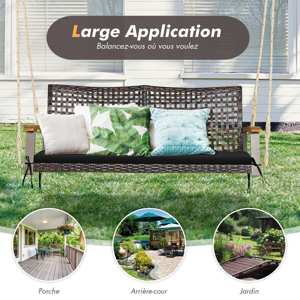 Banc Suspendu de Jardin en Rotin 2 Place Accoudoirs en Bois d'Acacia Cadre en Métal Coussin Cordes Crochets Blanc/Noir -