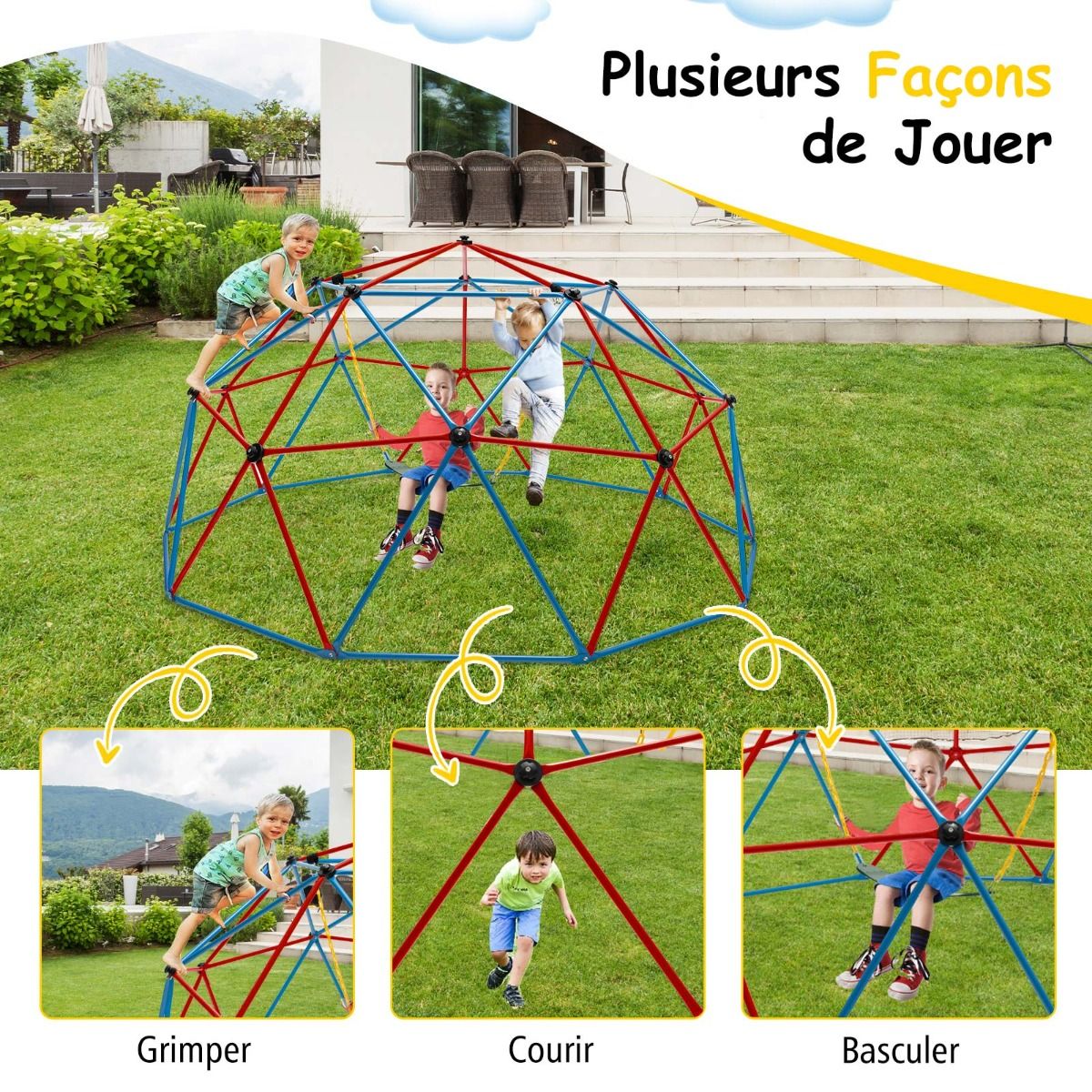 D么me d'Escalade de 305cm avec Balanoire Cage d'Escalade en Mtal Charge Max 363 kg Intrieur Extrieur pour Enfants de 3-10 Ans Jaune/Rouge -