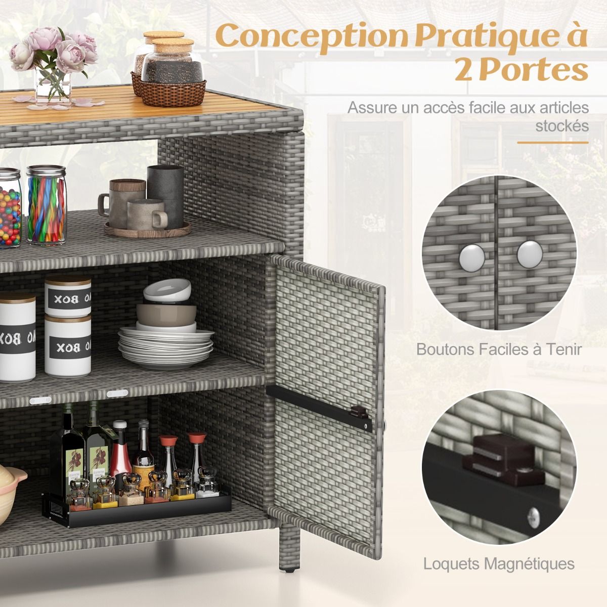Armoire de Rangement Exterieur en Rotin Armoire de Jardin avec Plateau en Bois d'Acacia Compartiment Ouvert Buffet  2 Portes -