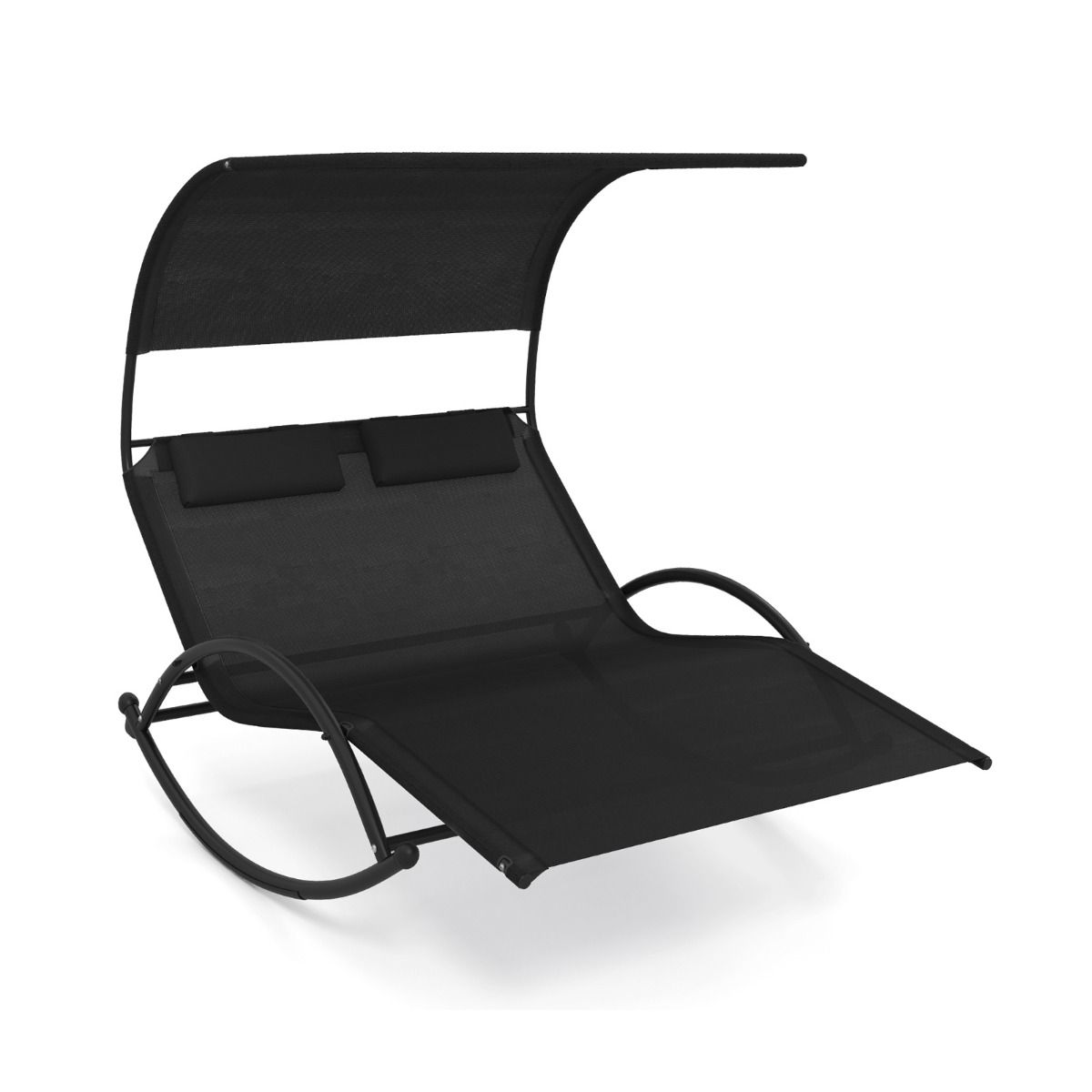 Chaise Longue Double Chaise  Bascule pour 2 Personnes 2 Appui-T锚tes Amovibles Cadre en Mtal Robuste Lit de Repos Ergonomique 2 Places Gris/Noir/Beige -