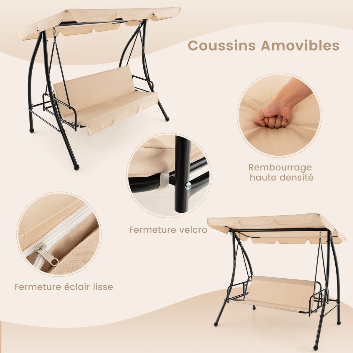 Balancelle d'Extérieur Convertible 2 Places avec Lit Plat Hamac de Terrasse avec Auvent Réglable et Coussin Amovible Pour Jardin -