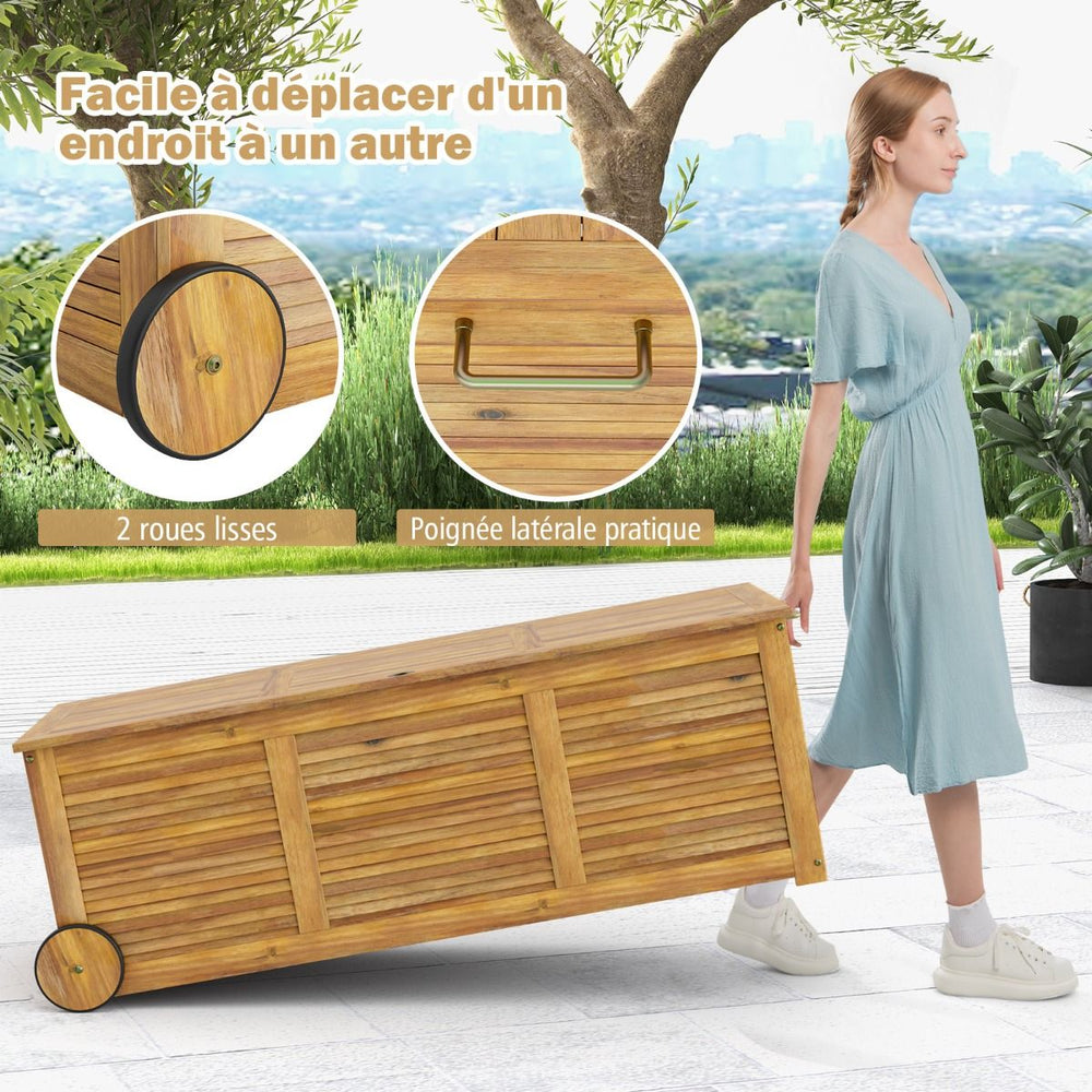 Coffre de Rangement 182L en Bois d’Acacia Charnière en Métal Banc de Rangement à Roulettes Extérieur pour Jardin Patio -