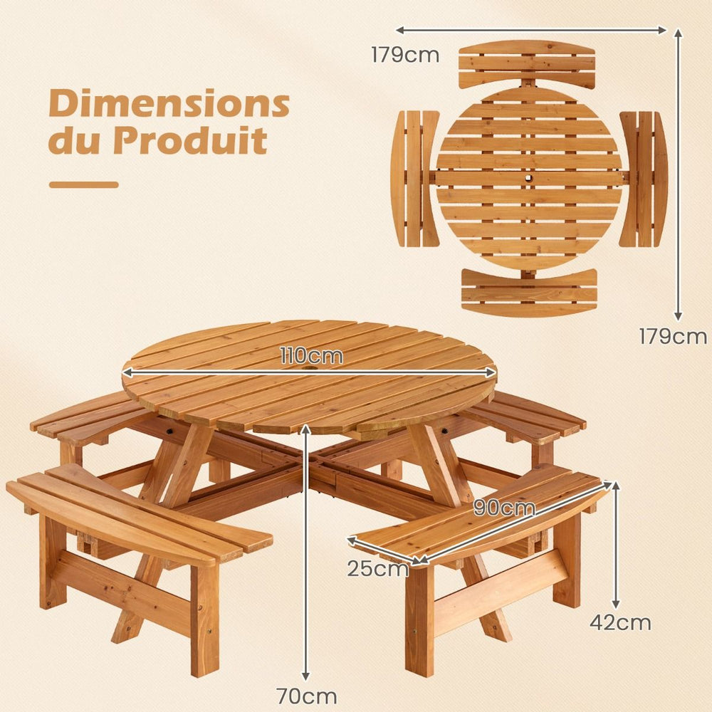 Ensemble Table de Pique-Nique en Bois pour 2  8 Personnes Set Table et Banc Circulaire avec 4 Bancs Intgrs Trou de Parasol de 5cm Marron/Jaune -