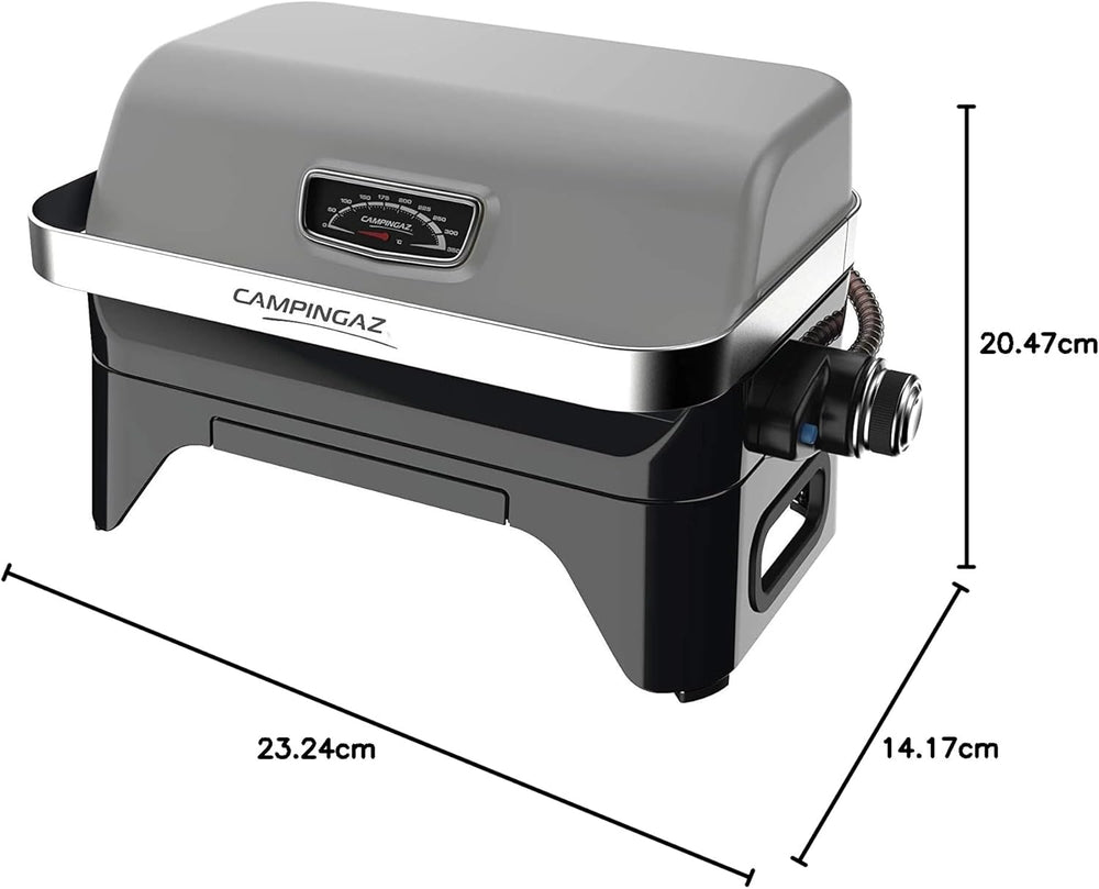 Attitude2go,Barbecue de Table à Faible fumée,BBQ Portable,à Couvercle,thermomètre,et Grille en Fonte,Alimentation : Cartouche de gaz CV 470 Plus,Gris