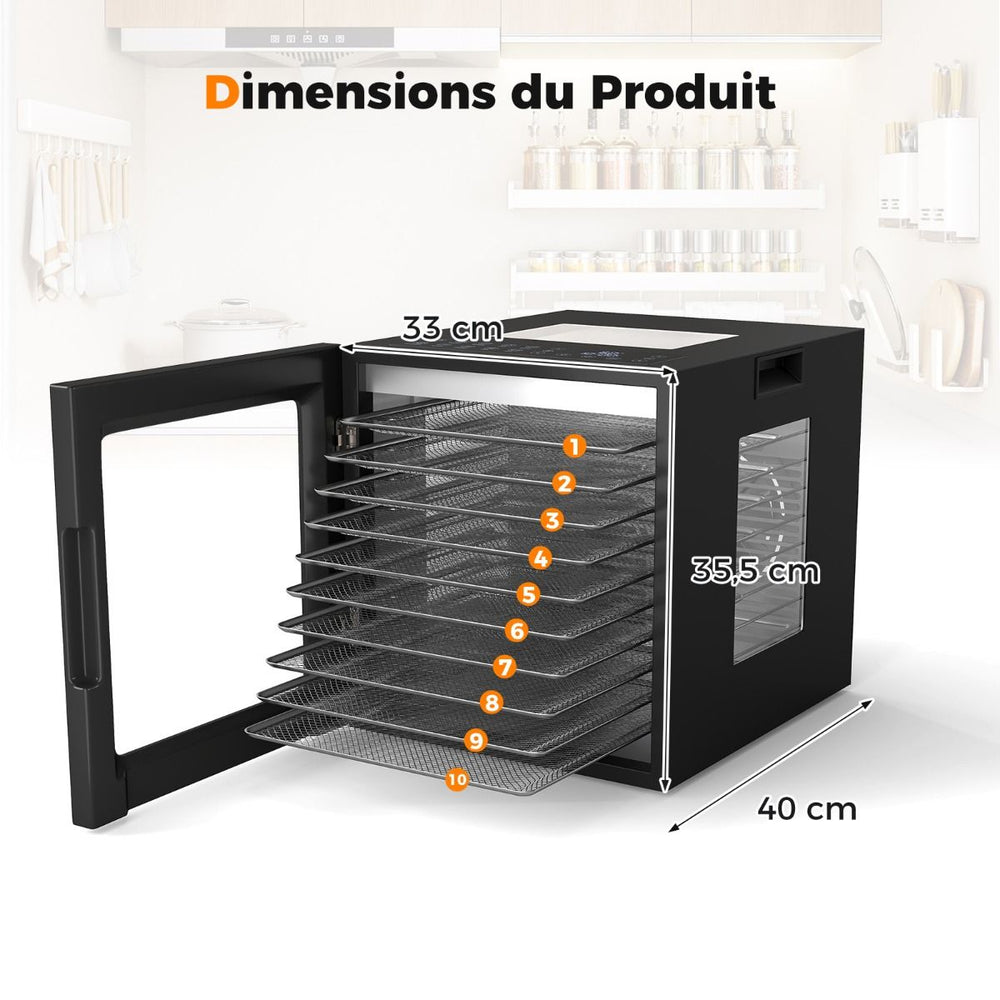 Déshydrateur Alimentaire Séchoir à 10 Plateaux en Acier Inoxydable avec 10 Programmes Préréglés Minuterie de 48H&Température de 30-75Noir -