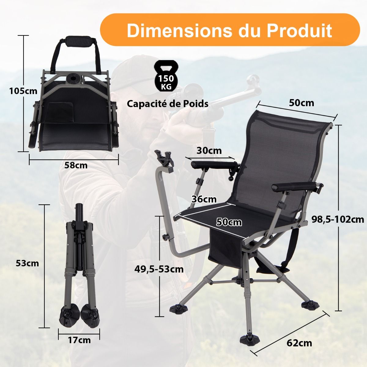 Chaise de Chasse Portable Chaise de Tir avec Siège de Pliable Réglables Rotation à 360° Support de Fusil Réglable Charge 150 kg Noir -