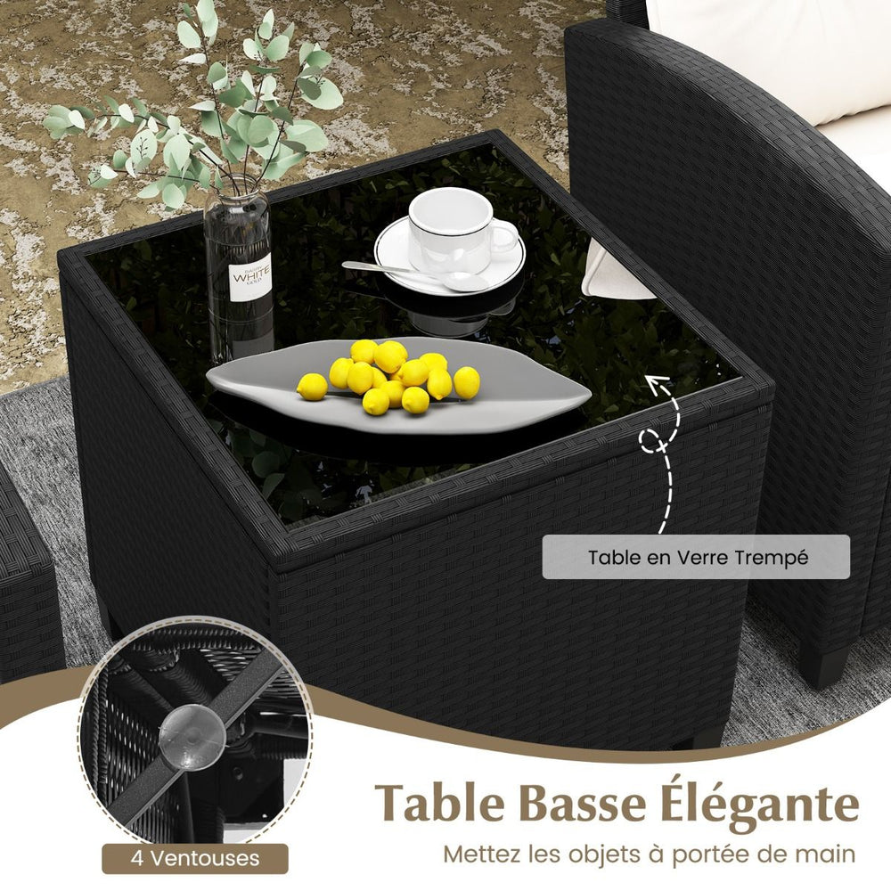 Ensemble de Meubles 3 Pices de Patio en Rotin Charge 180KG Salon de Jardin 2 Fauteuils Table Basse avec Plateau Noir/Beige/Blanc -