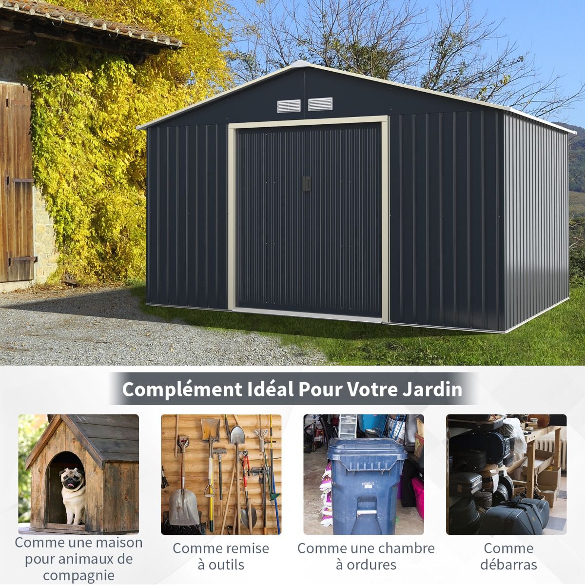 Abri de Jardin en Mtal 8,67 銕340 x 255 x 210 cm avec 2 Portes Coulissantes Verrouillables 4 Trous d橝ration Gris pour Vlo -