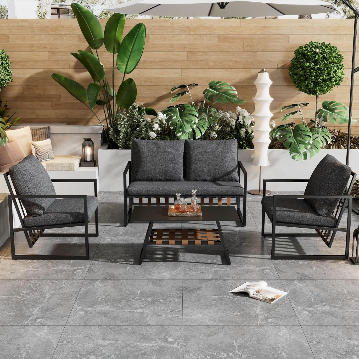 Salon de Jardin,Salon de Jardin 4 Personnes,avec canapé,Table Basse et Coussins,Housse en Tissu déhoussable et Lavable,Noir (Coussins d'assise Inclus)