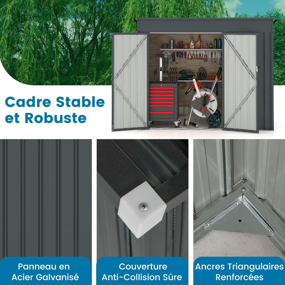 Abri de Jardin Extrieur Abri  Outils de Jardin avec 2 Portes Design Inclin Arations Cadre en Mtal Galvanis 235x117x185cm Gris Fonc -