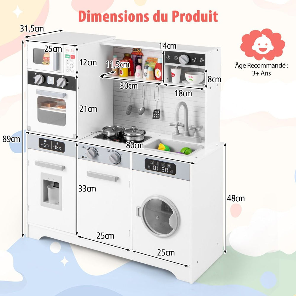 Cuisine de Jeu pour 3 Ans et Plus Jouets de Cuisine en Bois avec Evier Robinet Distributeur d橢au Micro-ondes Four Ustensiles Blanc -