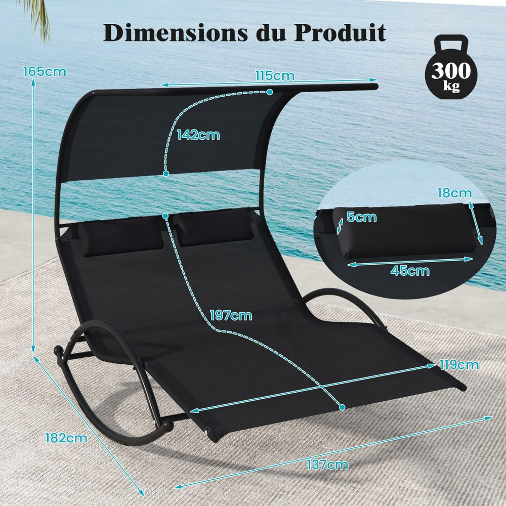 Chaise Longue Double Chaise à Bascule pour 2 Personnes 2 Appui-Têtes Amovibles Cadre en Métal Robuste Lit de Repos Ergonomique 2 Places Gris/Noir/Beige -